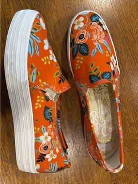 Orange Floral Slip-On Platform Sneakers